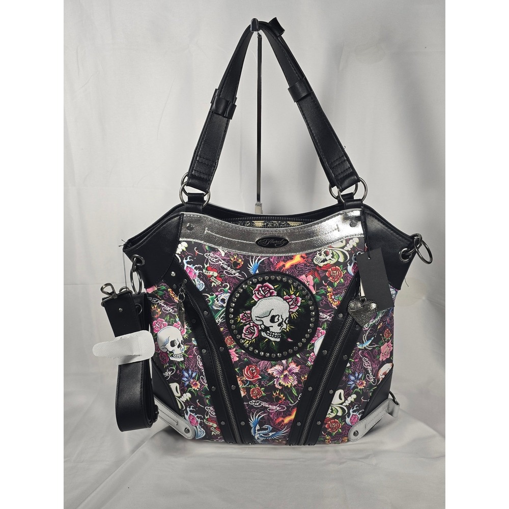 Ed Hardy crossbody Rocker Skull Roses Tattoo Print Black Silver Studded nwt